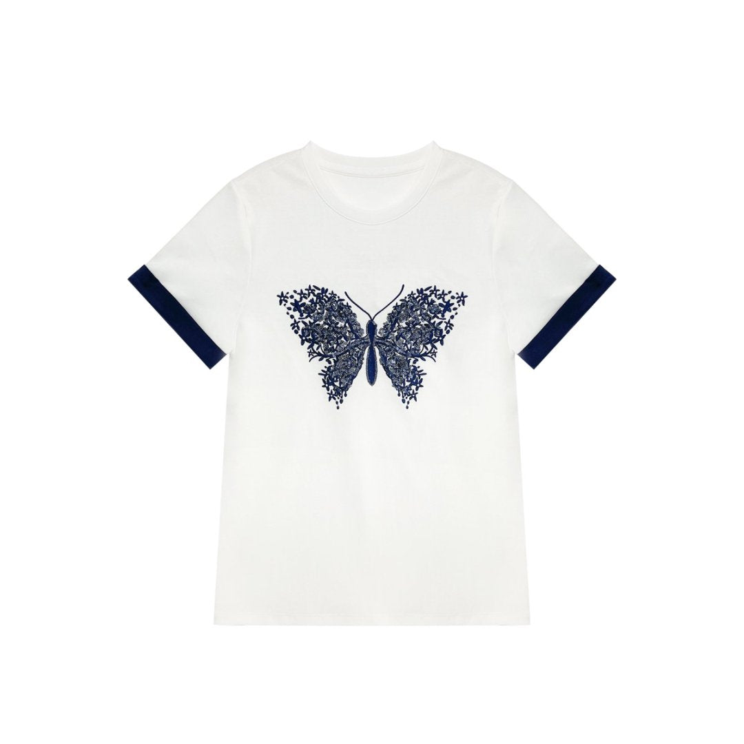 LuxGlow-Luxury Rhinestone Cotton Women's Dark Blue Butterfly T-shirt