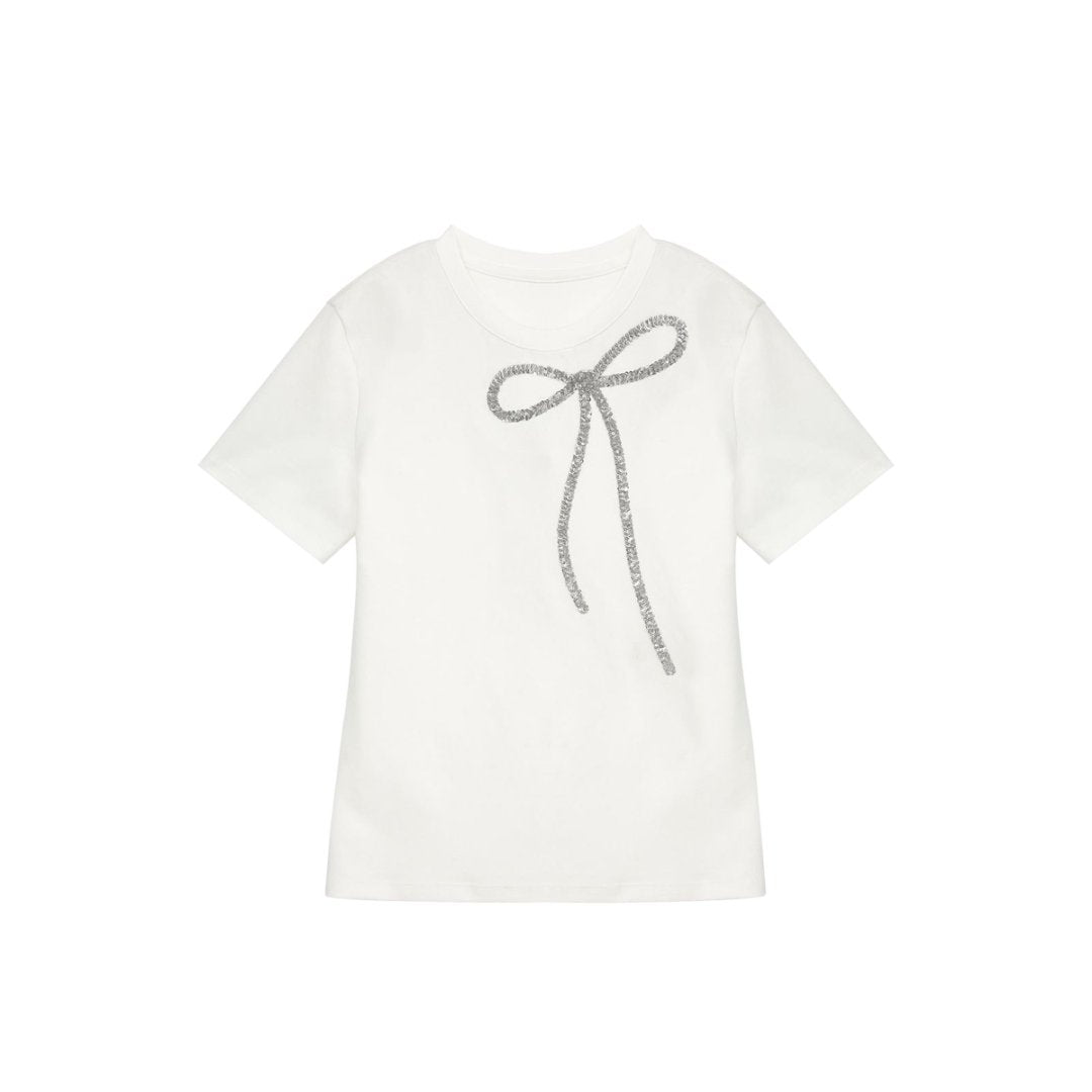 LuxGlow-Luxury Rhinestone Cotton Women's 3 Colors Ribbon T-shirt