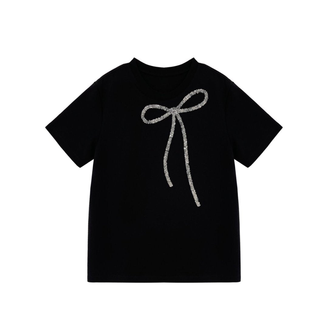 LuxGlow-Luxury Rhinestone Cotton Women's 3 Colors Ribbon T-shirt