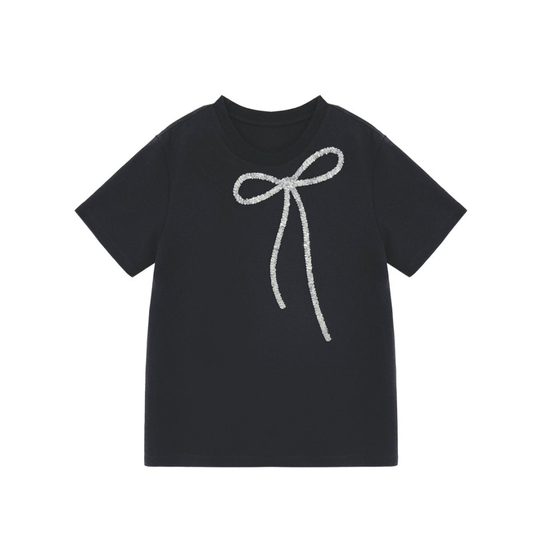 LuxGlow-Luxury Rhinestone Cotton Women's 3 Colors Ribbon T-shirt