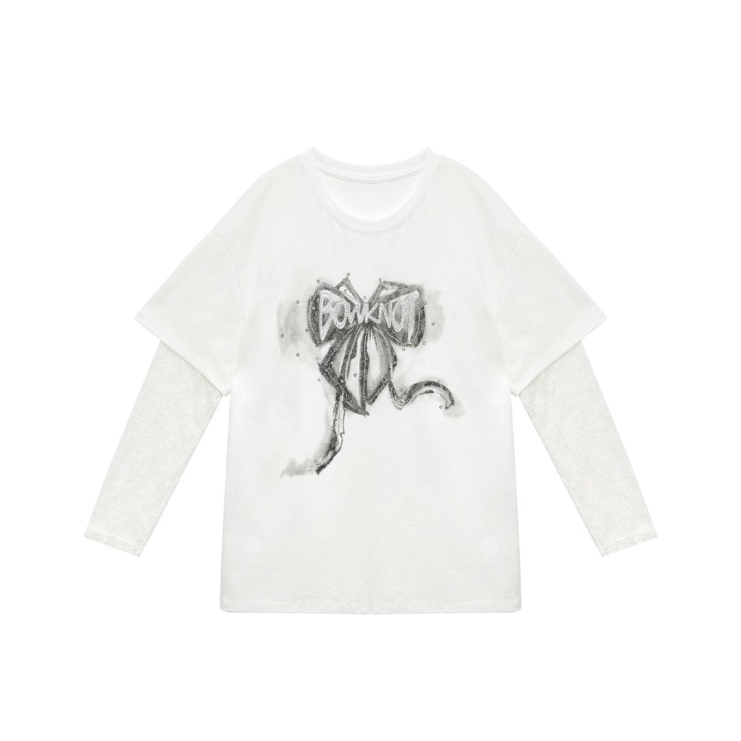 LuxGlow-Luxury Long Lace Sleeves Bowknot Women's T-shirt