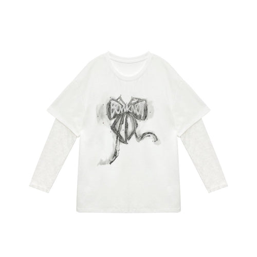 LuxGlow-Luxury Long Lace Sleeves Bowknot Women's T-shirt